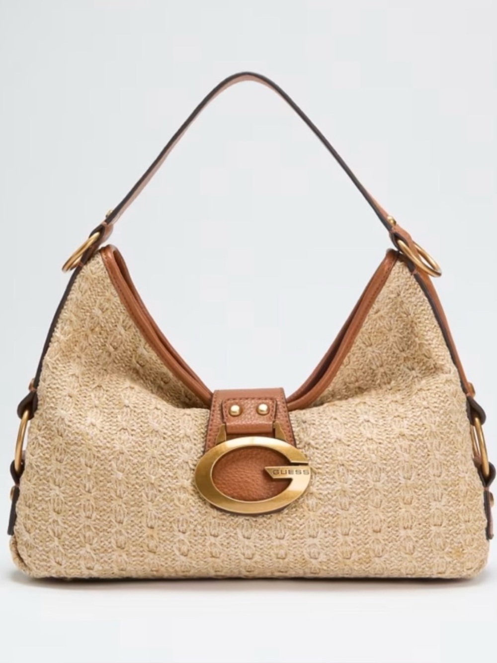GUESS Camden Raffia Hobo Bag with Tan Leather and Gold Logo